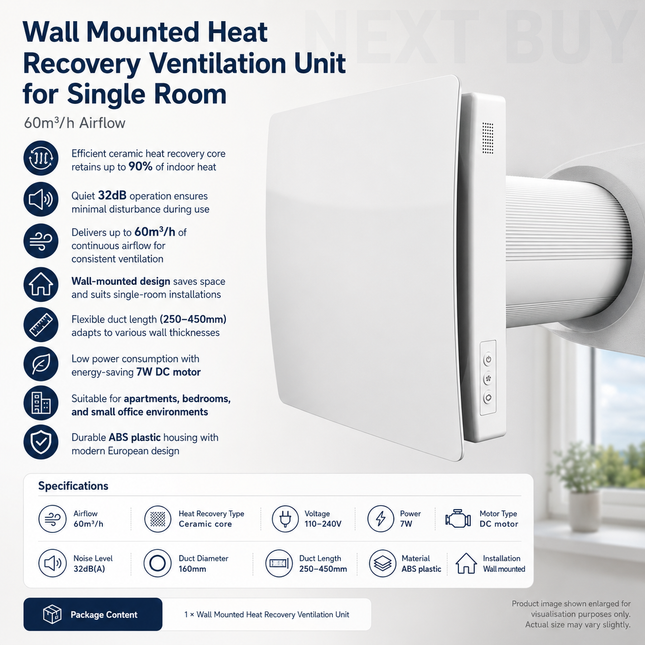 Wall Mounted Heat Recovery Ventilation Unit for Single Room, 60m³/h Airflow