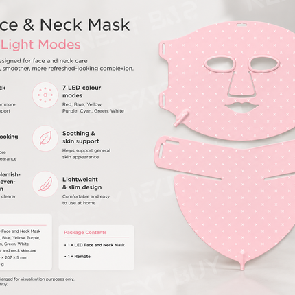 LED Face & Neck Mask, 7 Colour Light Modes, Lightweight Home Skincare Mask