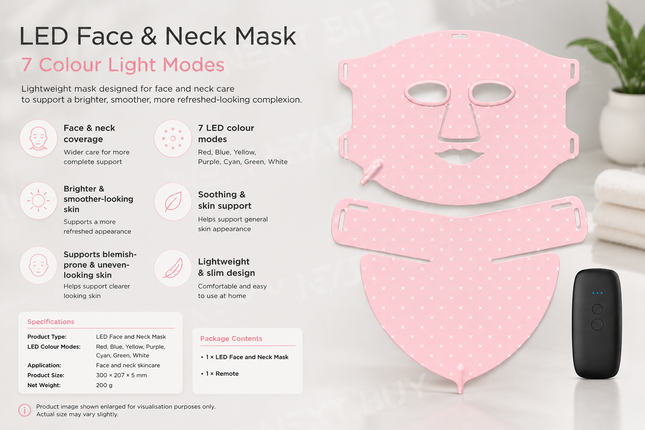 LED Face & Neck Mask, 7 Colour Light Modes, Lightweight Home Skincare Mask