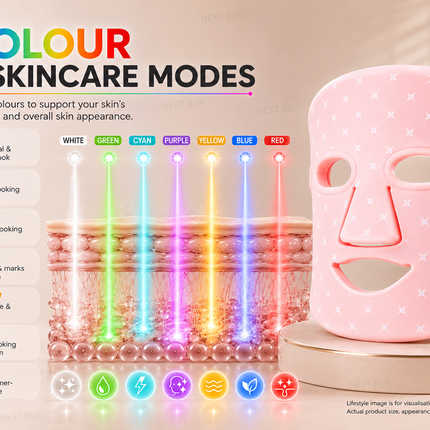 LED Face & Neck Mask, 7 Colour Light Modes, Lightweight Home Skincare Mask