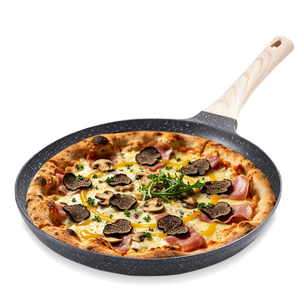 24cm Round Non-Stick Pizza Pan with Wooden Handle for Gas, Induction & Electric Stoves