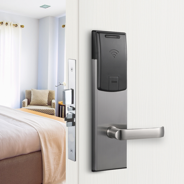 RFID Hotel Door Lock with Mechanical Key, Stainless Steel Smart Access for 36-100mm Doors, Silver