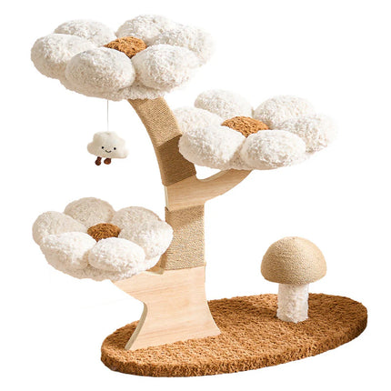 Modern Wooden Cat Activity Tower with Flower Hideaway, Sisal Scratch Columns & Elevated Lounging Platforms
