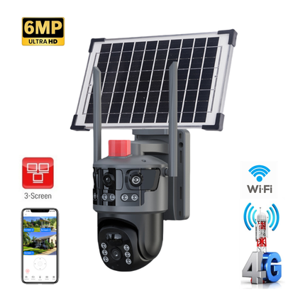 Wireless 6MP PTZ Solar Surveillance Camera with Dual Lenses, 8W Charging Panel & Smart Night Monitoring