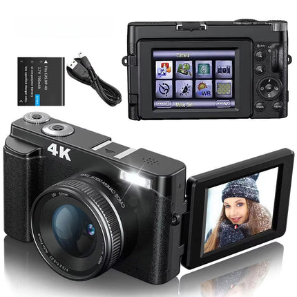 4K Portable Mirrorless Camera with 3-Inch IPS Screen and Rechargeable Battery