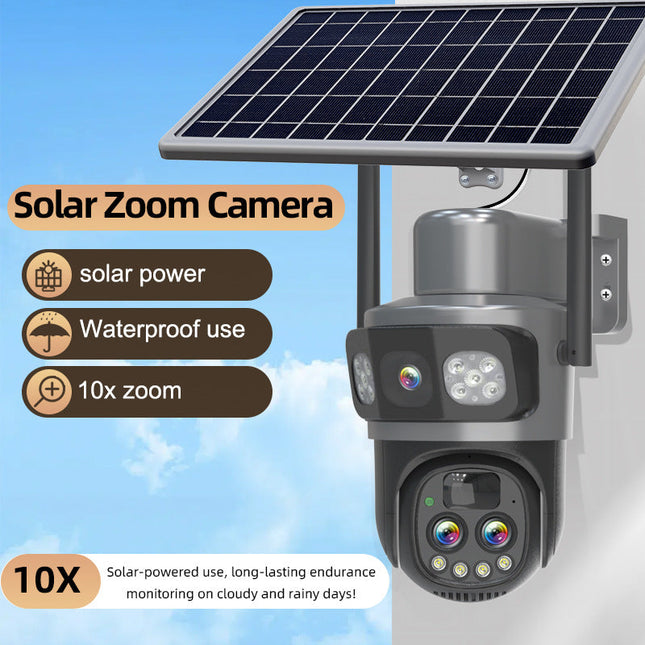 Outdoor Solar WiFi 4G PTZ Camera 3MP x3 Lenses 10X Zoom Pan 350 Tilt 90 IP65 Weather Resistant Security System