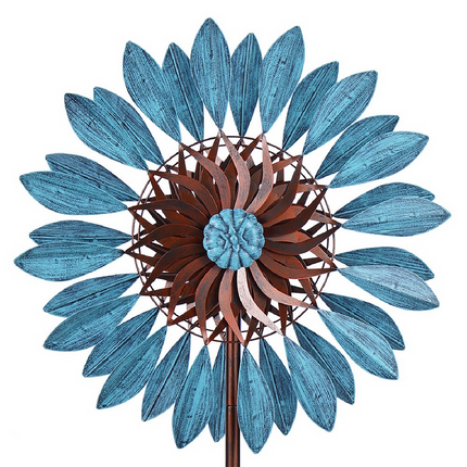 Elegant Rotating Garden Wind Spinner Statue – Tall Outdoor Metal Art in Blue & Copper