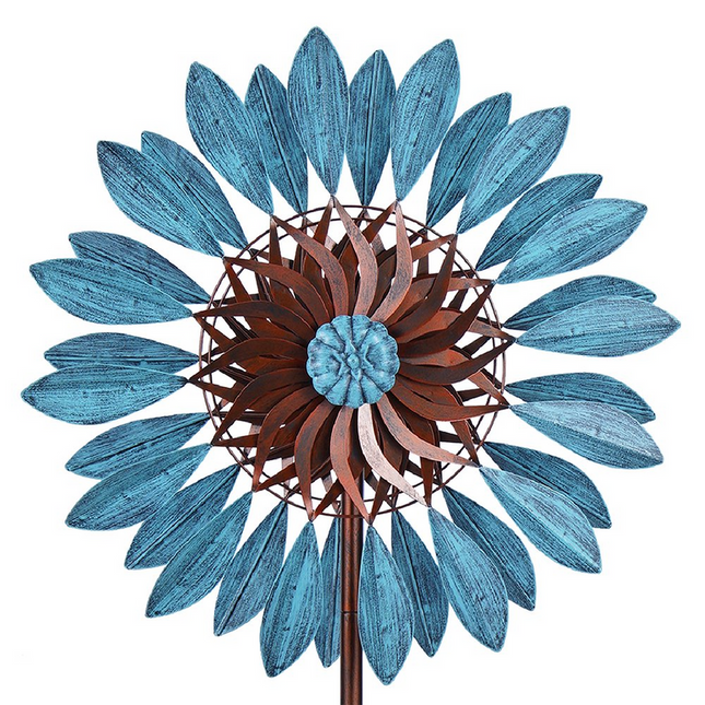 Elegant Rotating Garden Wind Spinner Statue – Tall Outdoor Metal Art in Blue & Copper