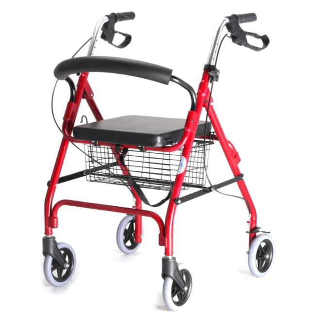 Portable Foldable Walker with Seat – Lightweight Aluminum Rollator for Assisted Walking, Red