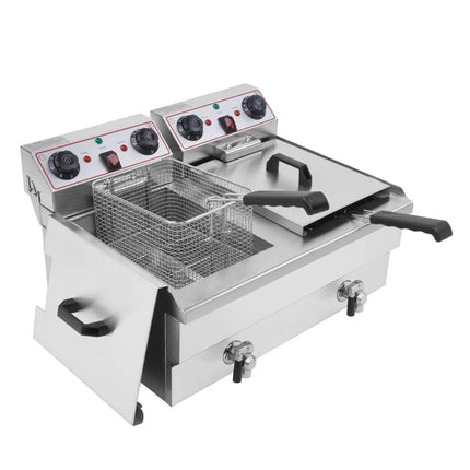 Commercial Double Basket Electric Fryer 3000W x 2 Dual Tank Deep Fryer 10L x 2 Stainless Steel