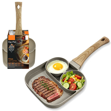 3-in-1 Nonstick Egg Pan 17cm with Divided Sections & Heat-Resistant Wooden Handle