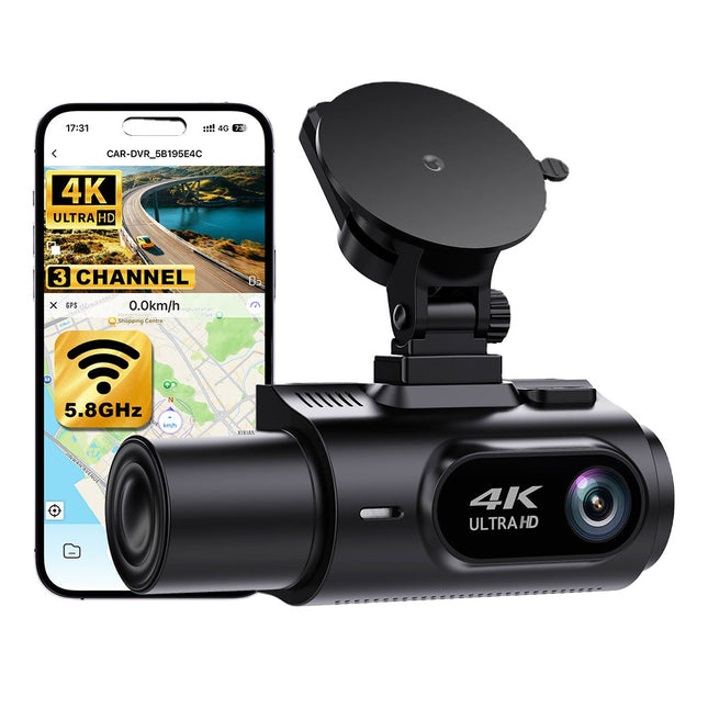 4K WiFi Dash Camera with Front, Cabin and Rear Cameras, G-Sensor, ADAS and 24-Hour Parking Monitor
