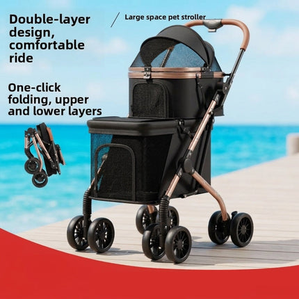 Foldable Double-Decker Pet Stroller for Small Dogs & Cats with Carbon Steel Frame