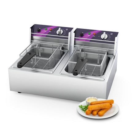 Commercial Electric Twin Tank Deep Fryer 2500W with Dual 10L Stainless Steel Baskets