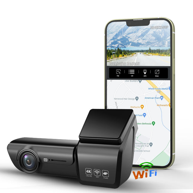 Dual Lens 4K Dash Camera with WiFi App Control, G-Sensor, Parking Monitor and GPS Recording