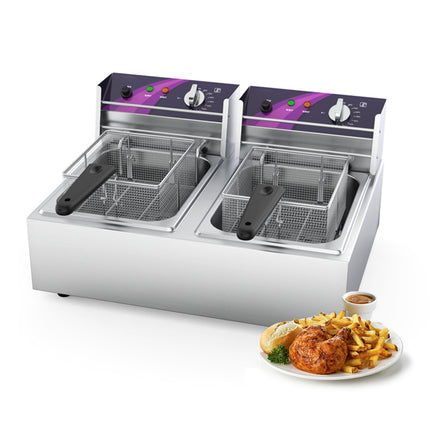 Commercial Dual Tank Electric Deep Fryer 9L Stainless Steel for Fries and Snacks