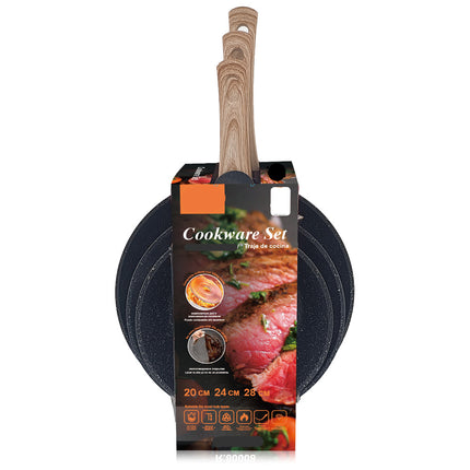 3-Piece Non-Stick Aluminum Frying Pan Set 20cm 24cm 28cm for Gas & Induction Cooktops