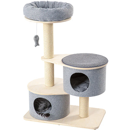 Premium Indoor Wooden Cat Activity Center with Scratching Poles, Resting Platforms & Enclosed Hideaway