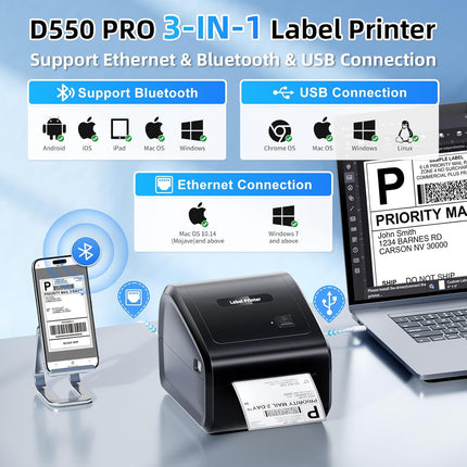 Portable Thermal Label Printer with USB & Bluetooth Connectivity, 203 DPI, 20-115mm Labels
