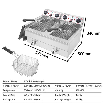 Commercial Double Basket Electric Fryer 3000W x 2 Dual Tank Deep Fryer 10L x 2 Stainless Steel
