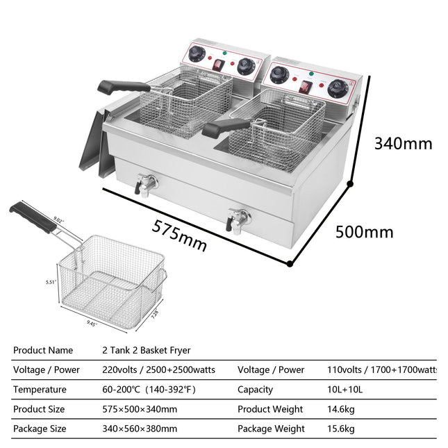 Commercial Double Basket Electric Fryer 3000W x 2 Dual Tank Deep Fryer 10L x 2 Stainless Steel