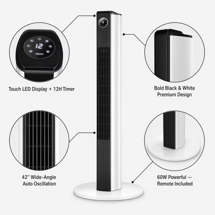 34-Inch Tower Air Cooler Fan with Remote, 60W Power & 60° Oscillation