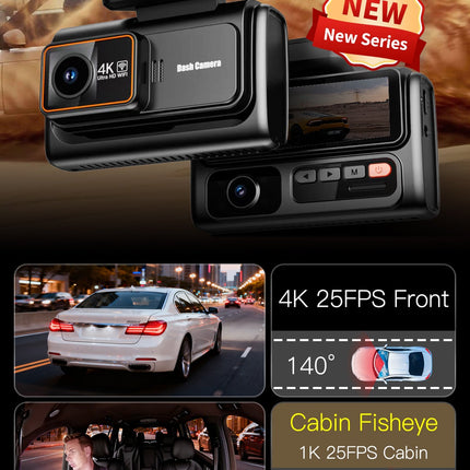 Triple Channel 4K Dash Camera with 2K Cabin & Rear Cameras, WiFi, G-Sensor and IPS Display