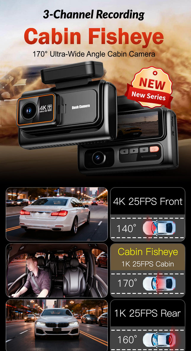 Triple Channel 4K Dash Camera with 2K Cabin & Rear Cameras, WiFi, G-Sensor and IPS Display