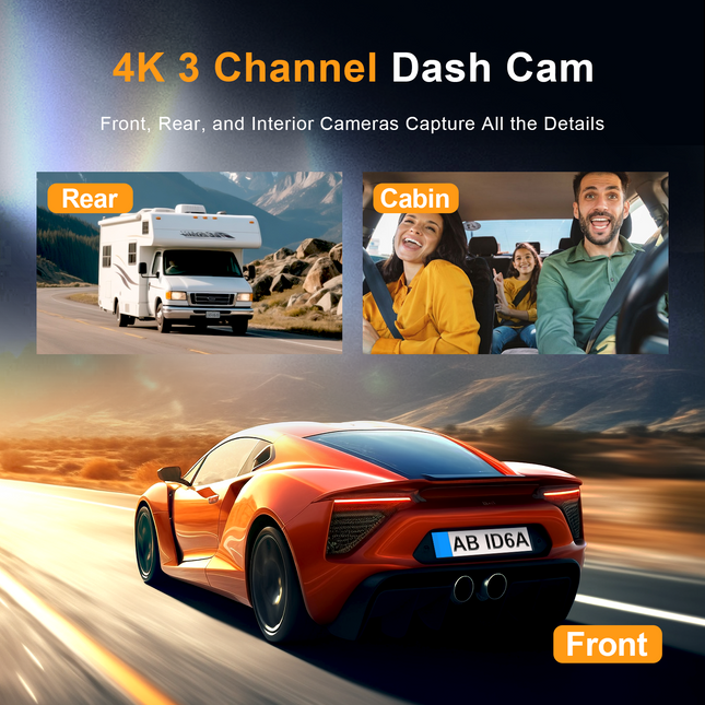4K WiFi Dash Camera with Front, Cabin and Rear Cameras, G-Sensor, ADAS and 24-Hour Parking Monitor