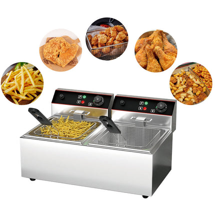 Dual Tank Electric Deep Fryer 2500W + 2500W Stainless Steel Countertop Commercial Fryer