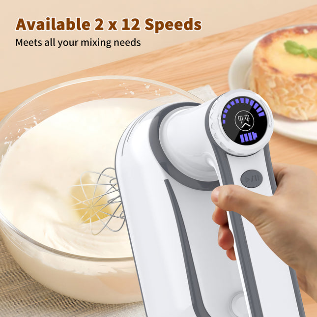 Portable Cordless Hand Mixer with LED Display 12-Speed Control and Accessory Set