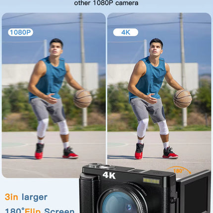 4K Portable Mirrorless Camera with 3-Inch IPS Screen and Rechargeable Battery