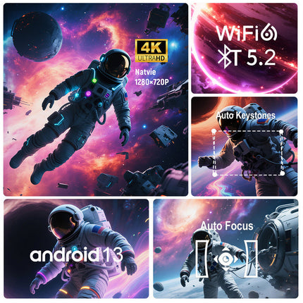 Portable 720P Smart Projector with Auto Focus, WiFi6, Bluetooth Remote and Android 13