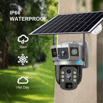Solar-Powered Triple-Lens PTZ Outdoor Security Camera with 4G Connectivity, Night Vision & Long-Range Zoom