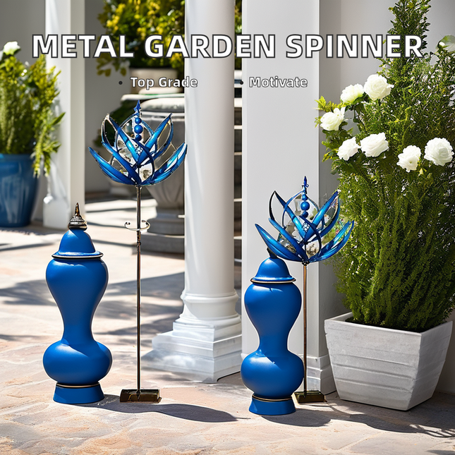 Solar LED Metal Wind Spinner Outdoor Garden Kinetic Yard Ornament with Ground Stake
