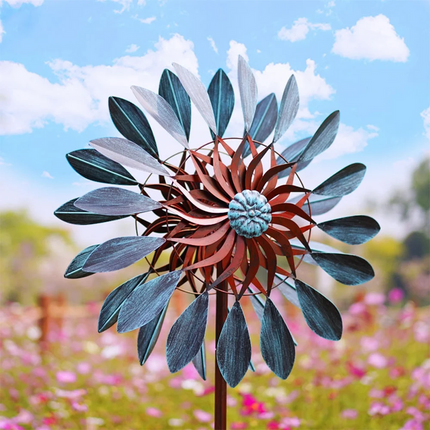 Large Metal Kinetic Wind Spinner for Garden – Blue and Copper Outdoor Decorative Sculpture