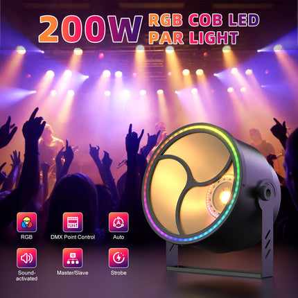 200W RGB COB LED Par Light for Stage, DJ Shows, Concerts with 60° Beam and DMX Control