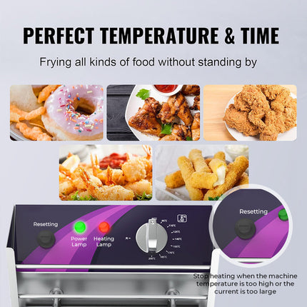 Commercial Electric Twin Tank Deep Fryer 2500W with Dual 10L Stainless Steel Baskets