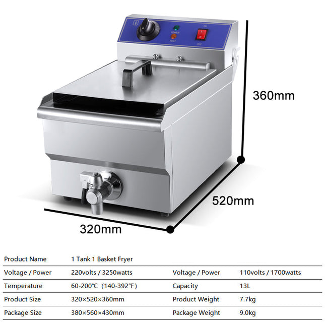 Commercial 13L Electric Fryer 3250W Stainless Steel Countertop Cooking Machine