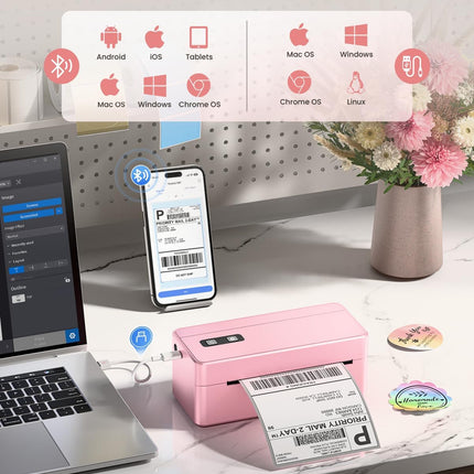 Portable USB & Bluetooth Thermal Label Printer 203 DPI with Adjustable Paper Holder
