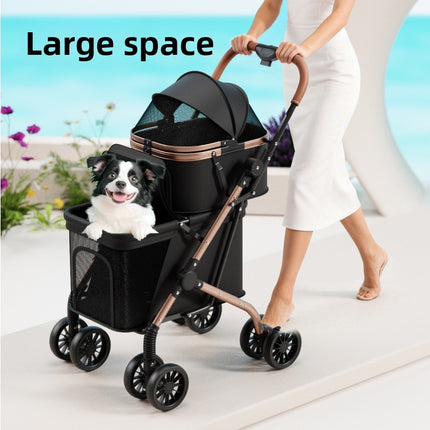 Foldable Double-Decker Pet Stroller for Small Dogs & Cats with Carbon Steel Frame
