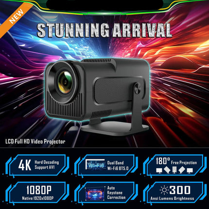 Portable 1080P Full HD Home Theater Projector with Android 13 and Bluetooth 5.0 – 300 ANSI Lumens, Black
