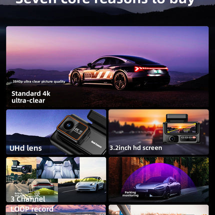Triple Channel 4K Dash Camera with 2K Cabin & Rear Cameras, WiFi, G-Sensor and IPS Display