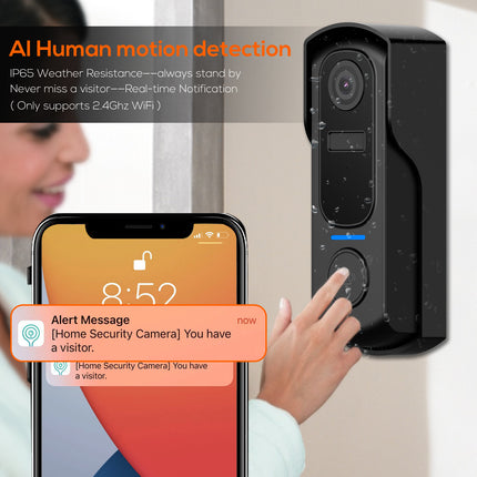Wireless IP65 Waterproof Video Doorbell with PIR Motion Detection, Two-Way Audio & 5200mAh Battery