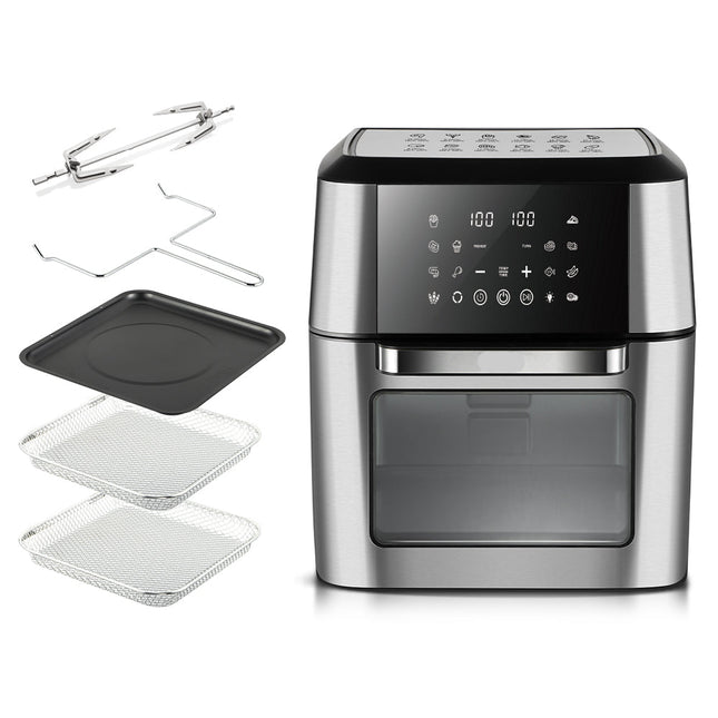 12L Stainless Steel Air Fryer with Digital Touch Display, Adjustable Temperature & Grill Function