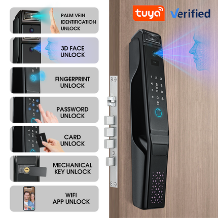 Cordless Smart Door Lock with 3D Face, Palm Vein, Fingerprint & PIN Access