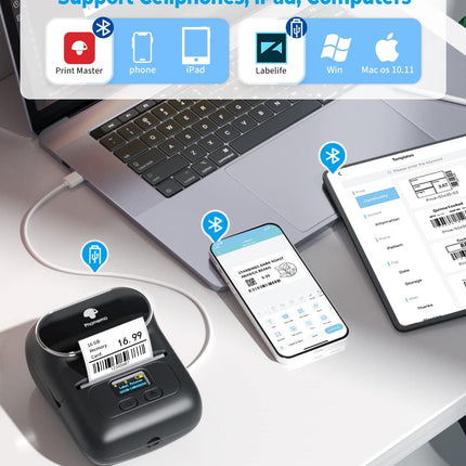 Portable Thermal Label Printer with Bluetooth, 20-50mm Labels, 203 DPI, Rechargeable Battery