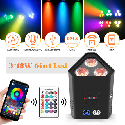 Wireless 54W LED Par Stage Light RGBWA+UV 3x18W with DMX512 and Remote Control