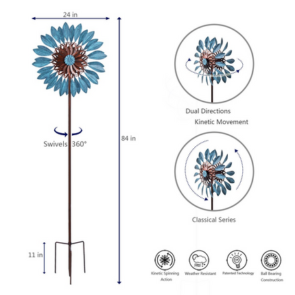 Large Metal Kinetic Wind Spinner for Garden – Blue and Copper Outdoor Decorative Sculpture