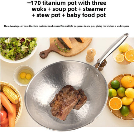 30cm Handmade Hammered Titanium Soup & Stir-Fry Pot with Tempered Glass Lid – Induction Compatible
